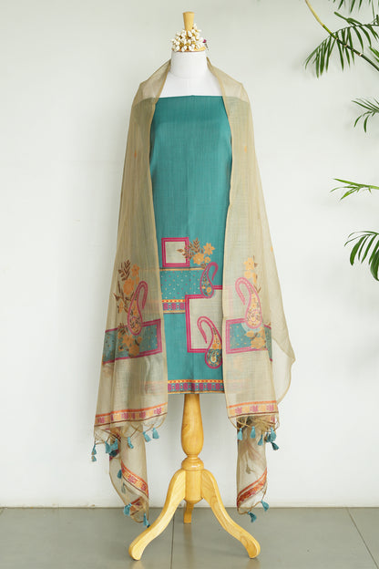JUGNU – Pure Chanderi Teal Unstitched Suit Set