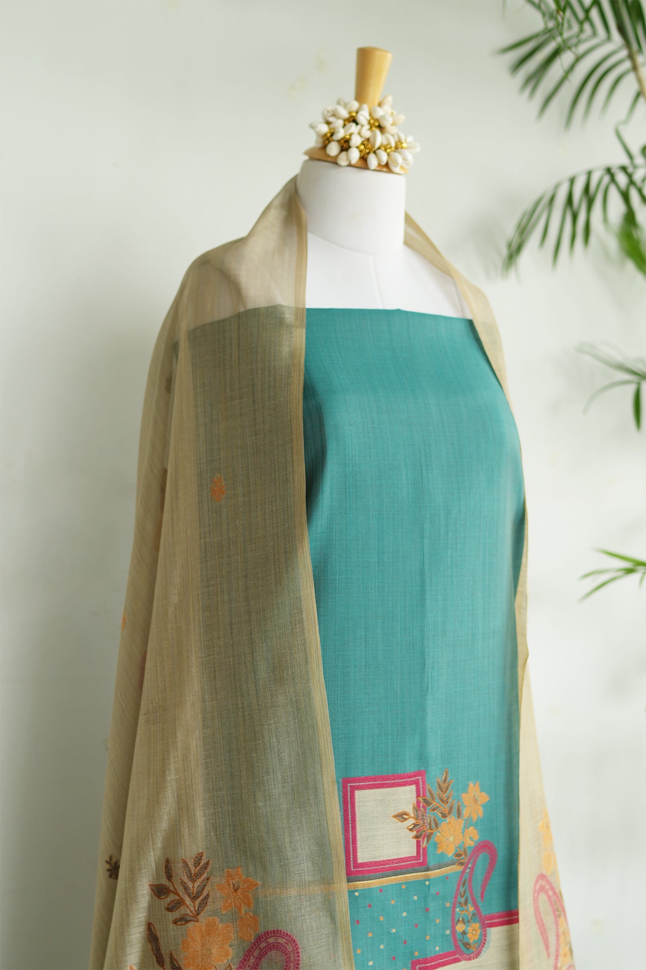 JUGNU – Pure Chanderi Teal Unstitched Suit Set