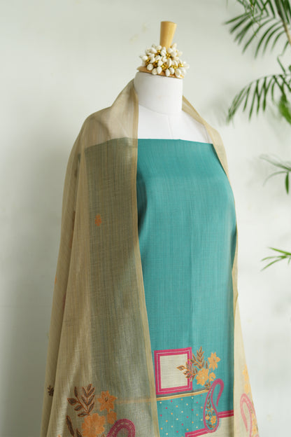 JUGNU – Pure Chanderi Teal Unstitched Suit Set