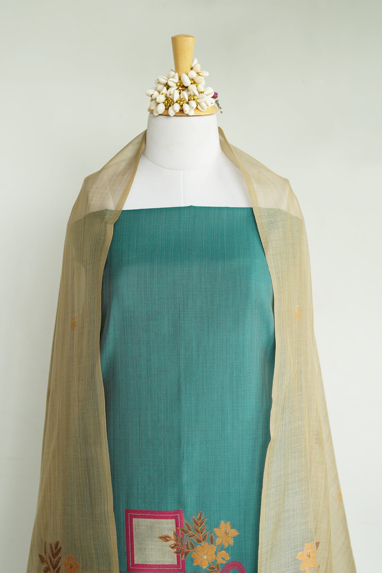JUGNU – Pure Chanderi Teal Unstitched Suit Set