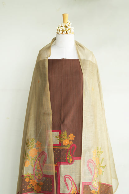 IMLI – Pure Chanderi Brown Unstitched Suit Set