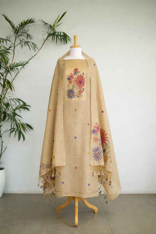 SUKOON- Pure Monga Cotton Beige Floral Unstitched Suit Set