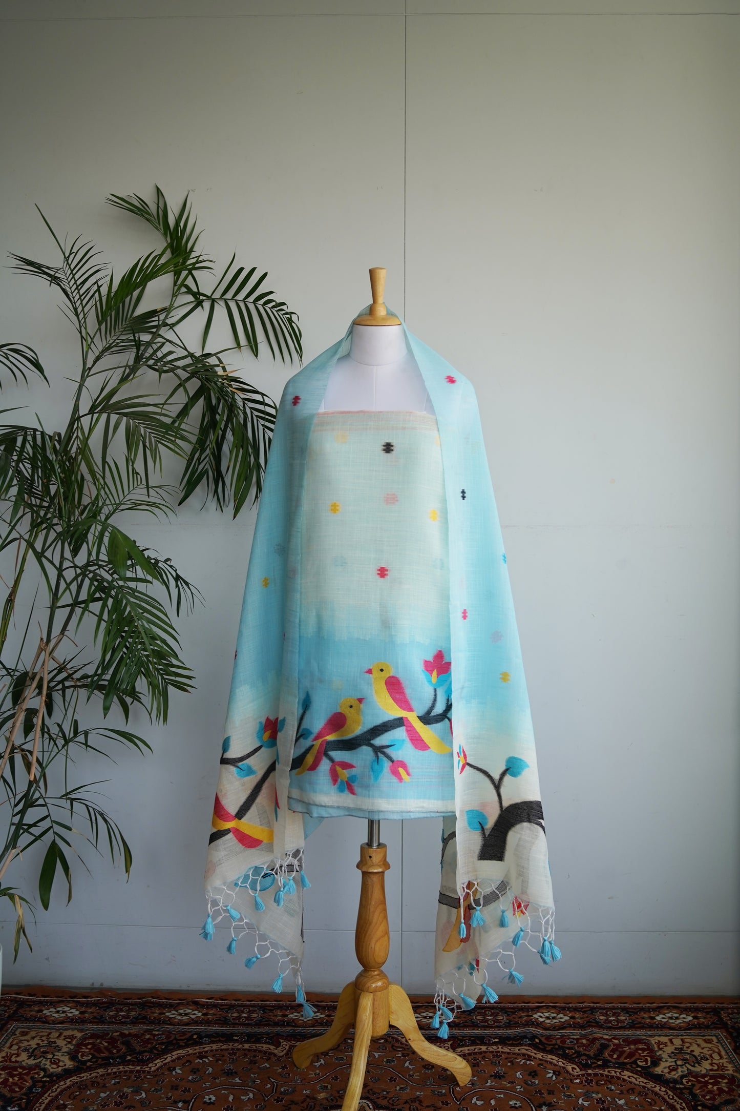 NEELKANTH- Blue Jamdani Tissue Linen Unstitched Suit Set