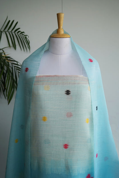 NEELKANTH- Blue Jamdani Tissue Linen Unstitched Suit Set