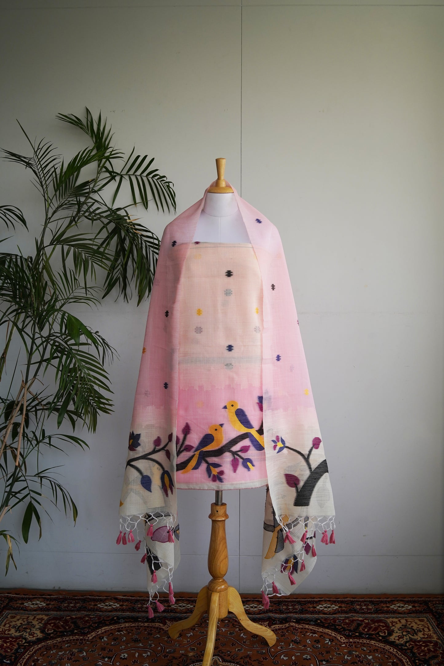 BLUSH BAAG- Pink Jamdani Tissue Linen Unstitched Suit Set