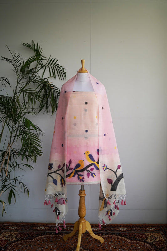 BLUSH BAAG- Pink Jamdani Tissue Linen Unstitched Suit Set