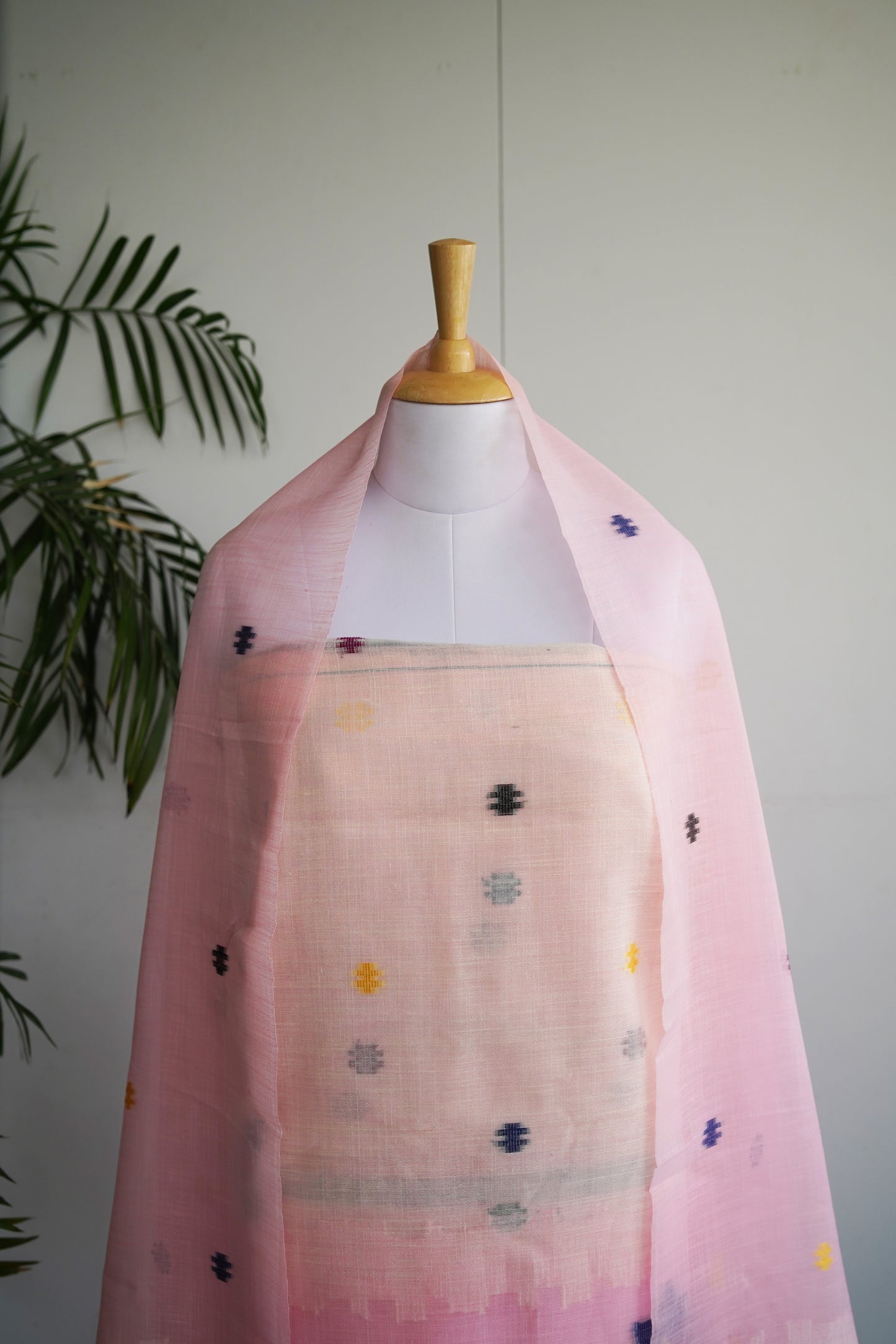 BLUSH BAAG- Pink Jamdani Tissue Linen Unstitched Suit Set