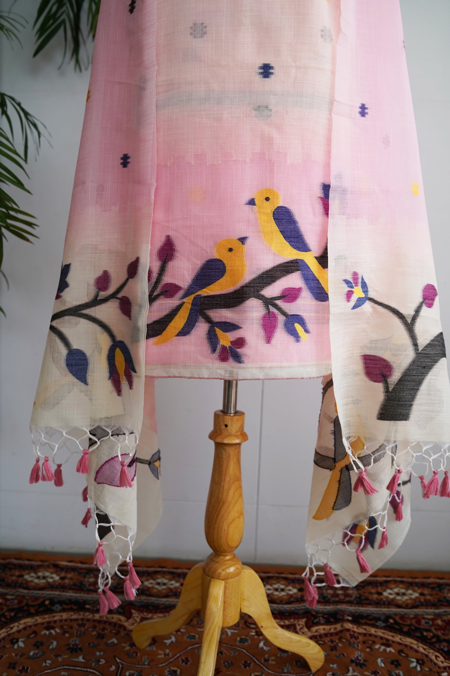 BLUSH BAAG- Pink Jamdani Tissue Linen Unstitched Suit Set