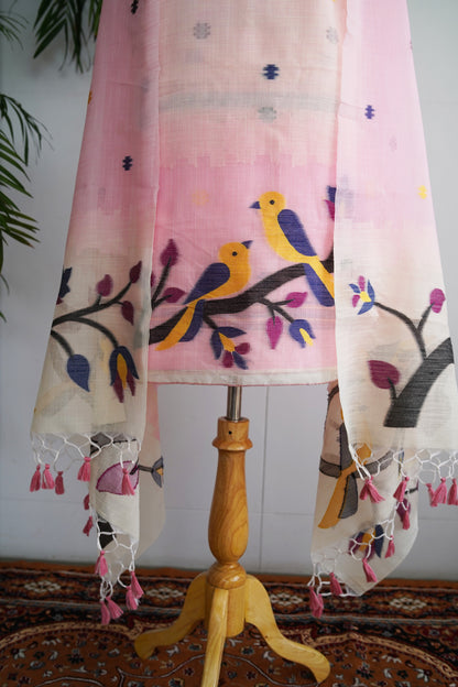 BLUSH BAAG- Pink Jamdani Tissue Linen Unstitched Suit Set