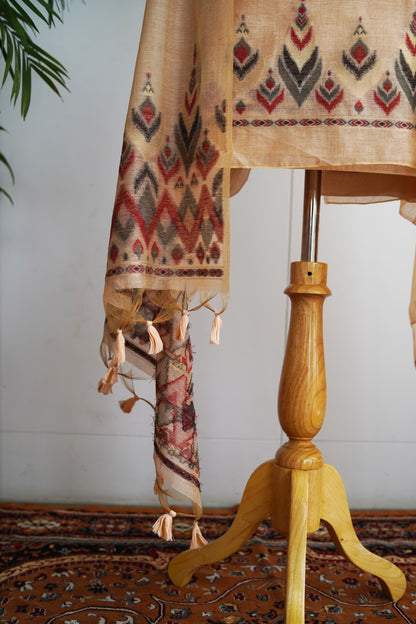 CREAM & CRIMSON- Geometric Monga Cotton Unnstiched Suit Set
