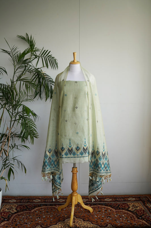 OCEAN BREEZE- Blue Monga Cotton Unstiched Suit Set