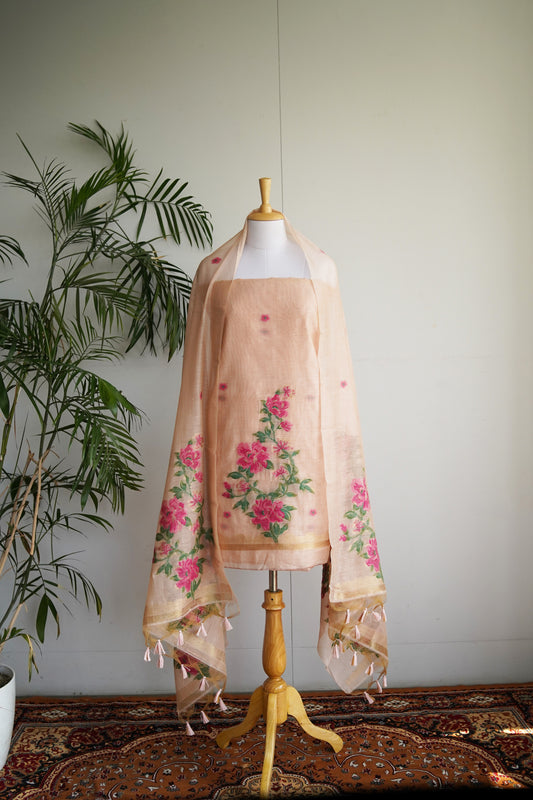 GULDASTA- Blush Pink Monga Cotton Unstiched Suit Set
