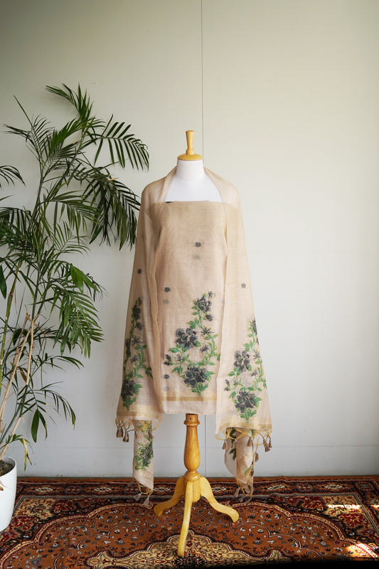 MIDNIGHT BLOOM- Floral Handloom Monga Cotton Unstiched Suit Set