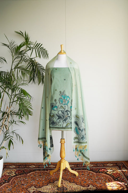 MINT MIRAGE- Sea Green Monga Cotton Unstitched Suit Set