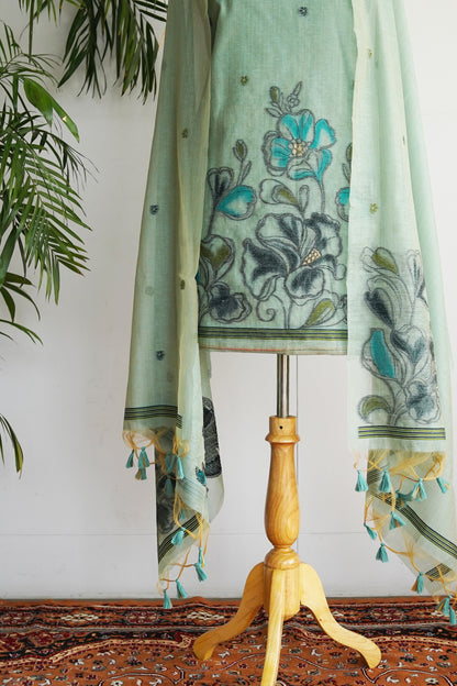 MINT MIRAGE- Sea Green Monga Cotton Unstitched Suit Set