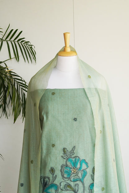 MINT MIRAGE- Sea Green Monga Cotton Unstitched Suit Set