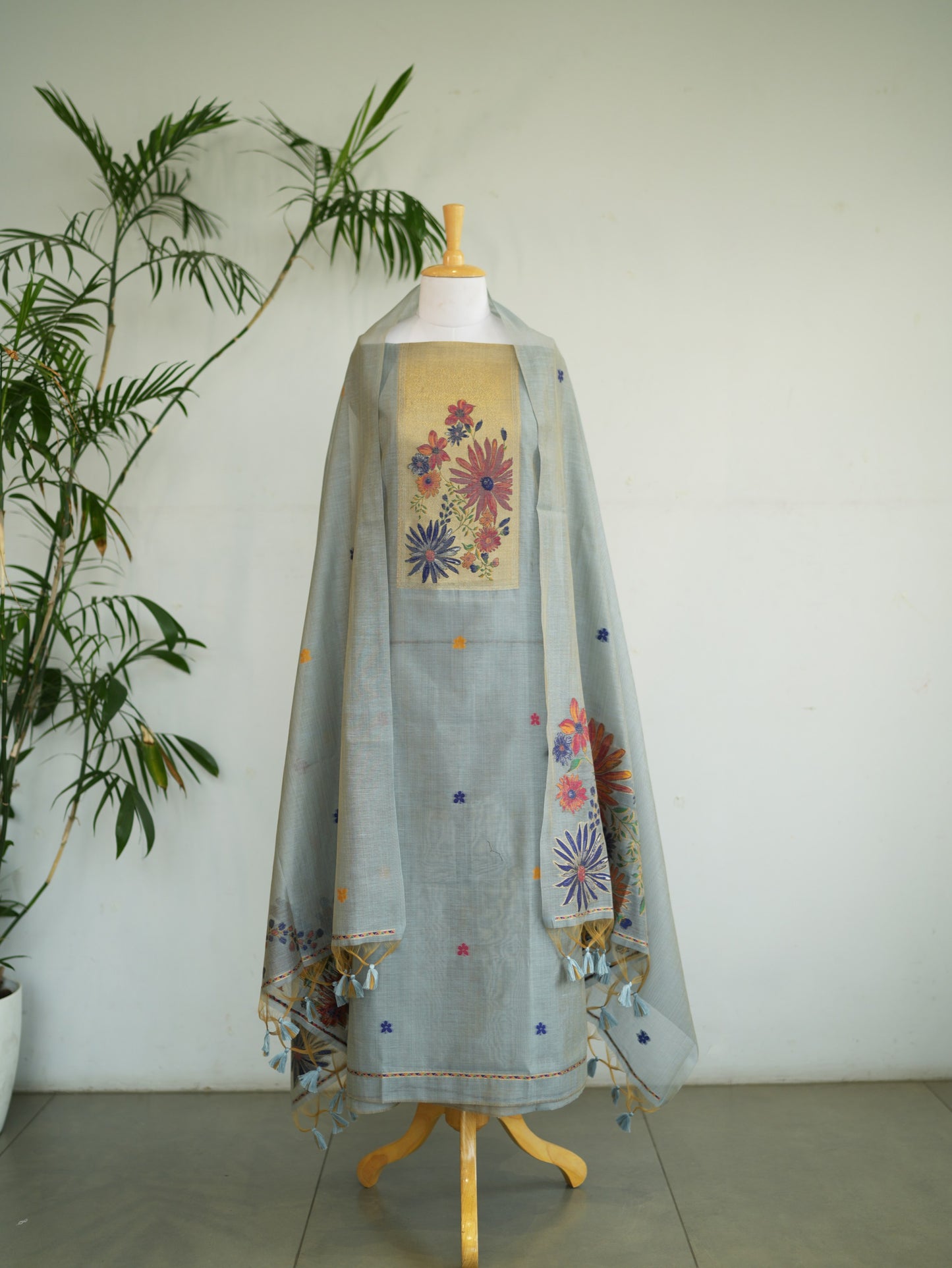 NEEL BAGH- Pure Monga Cotton Ice Blue Floral Unstitched Suit Set