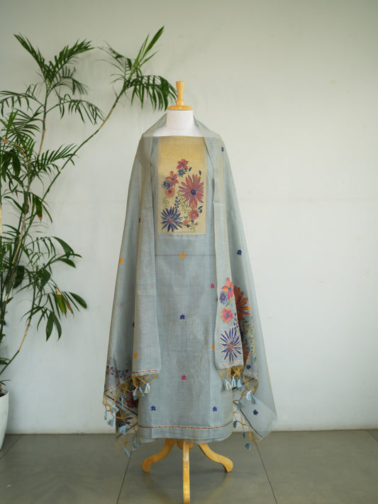 NEEL BAGH- Pure Monga Cotton Ice Blue Floral Unstitched Suit Set