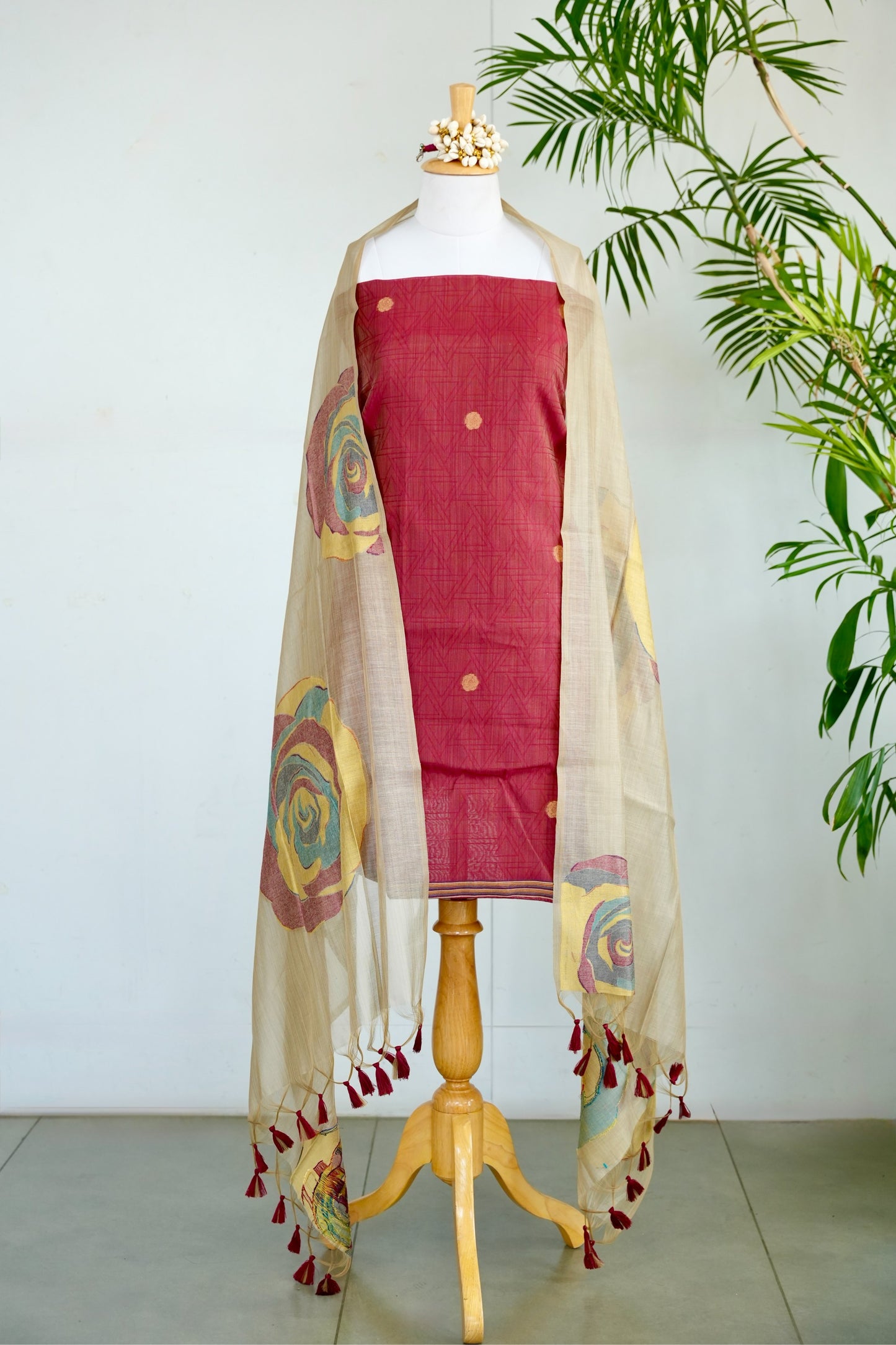 ANAAR– Pure Mul Chanderi Red Unstitched Suit Set