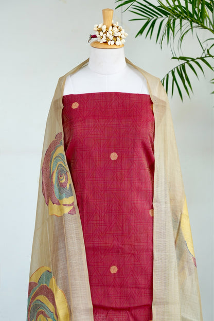 ANAAR– Pure Mul Chanderi Red Unstitched Suit Set