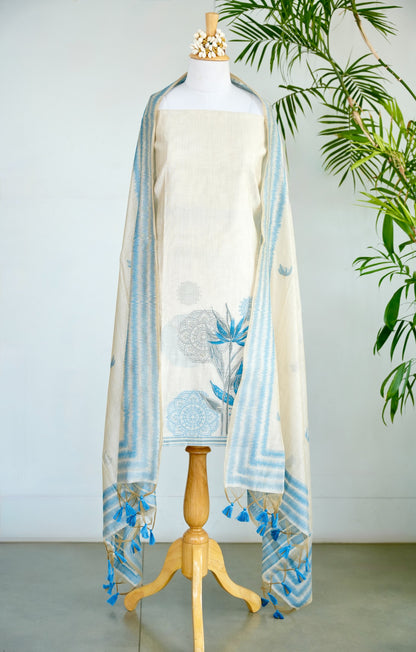 CHAANDNI– Pure  Mul Chanderi Blue & White Unstitched Suit Set