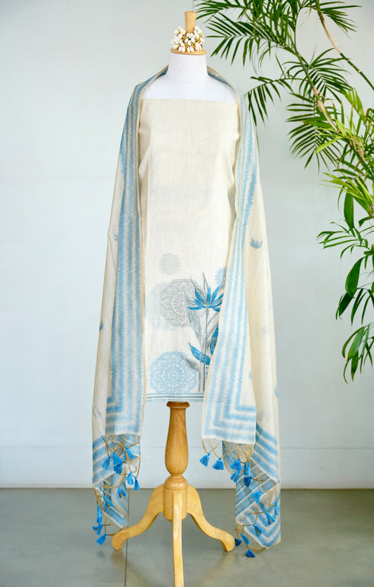 CHAANDNI– Pure  Mul Chanderi Blue & White Unstitched Suit Set