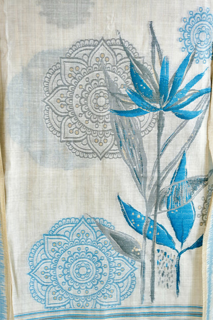 CHAANDNI– Pure  Mul Chanderi Blue & White Unstitched Suit Set