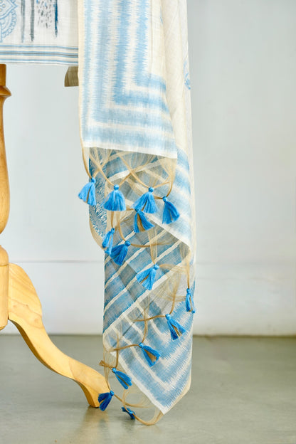 CHAANDNI– Pure  Mul Chanderi Blue & White Unstitched Suit Set