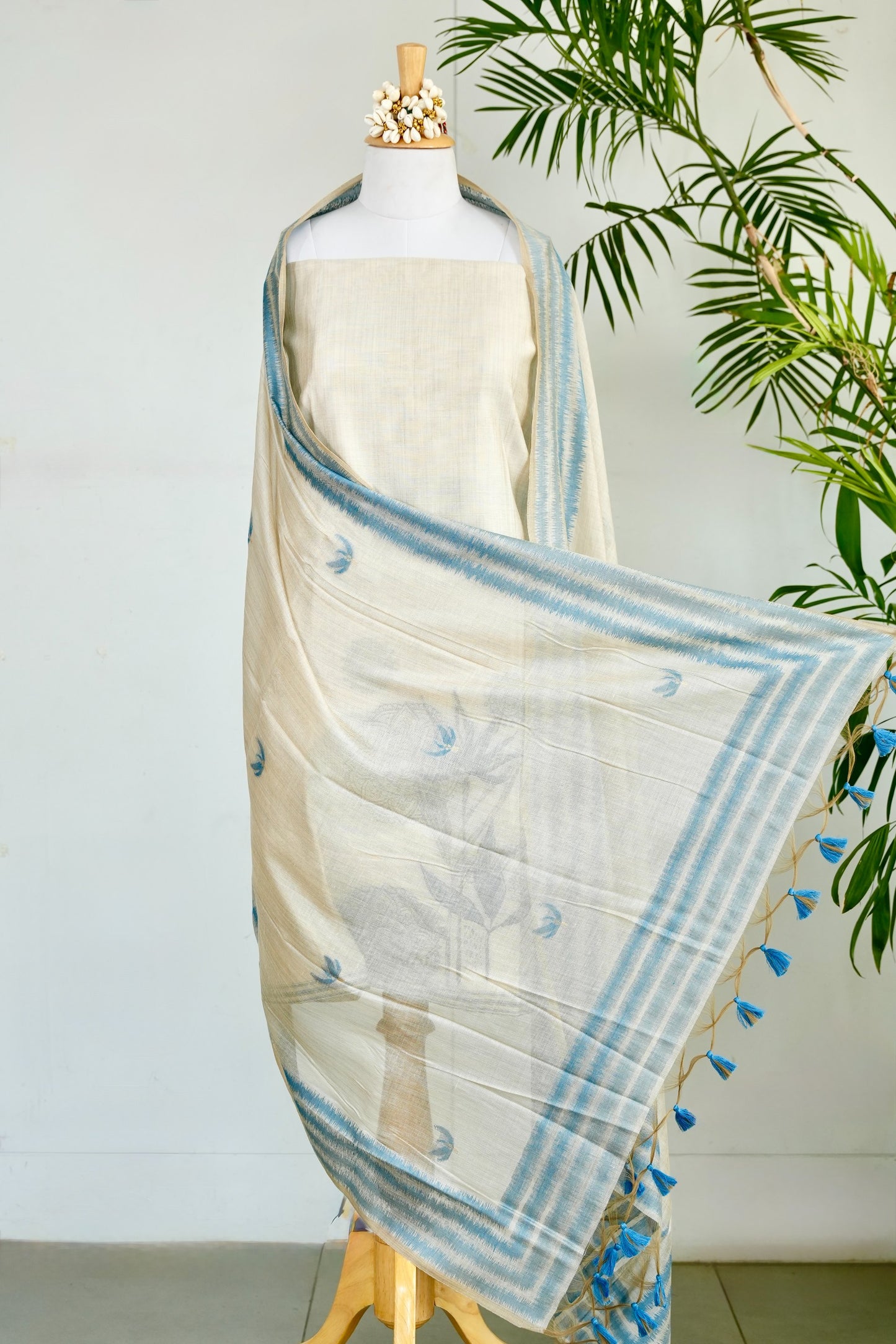CHAANDNI– Pure  Mul Chanderi Blue & White Unstitched Suit Set