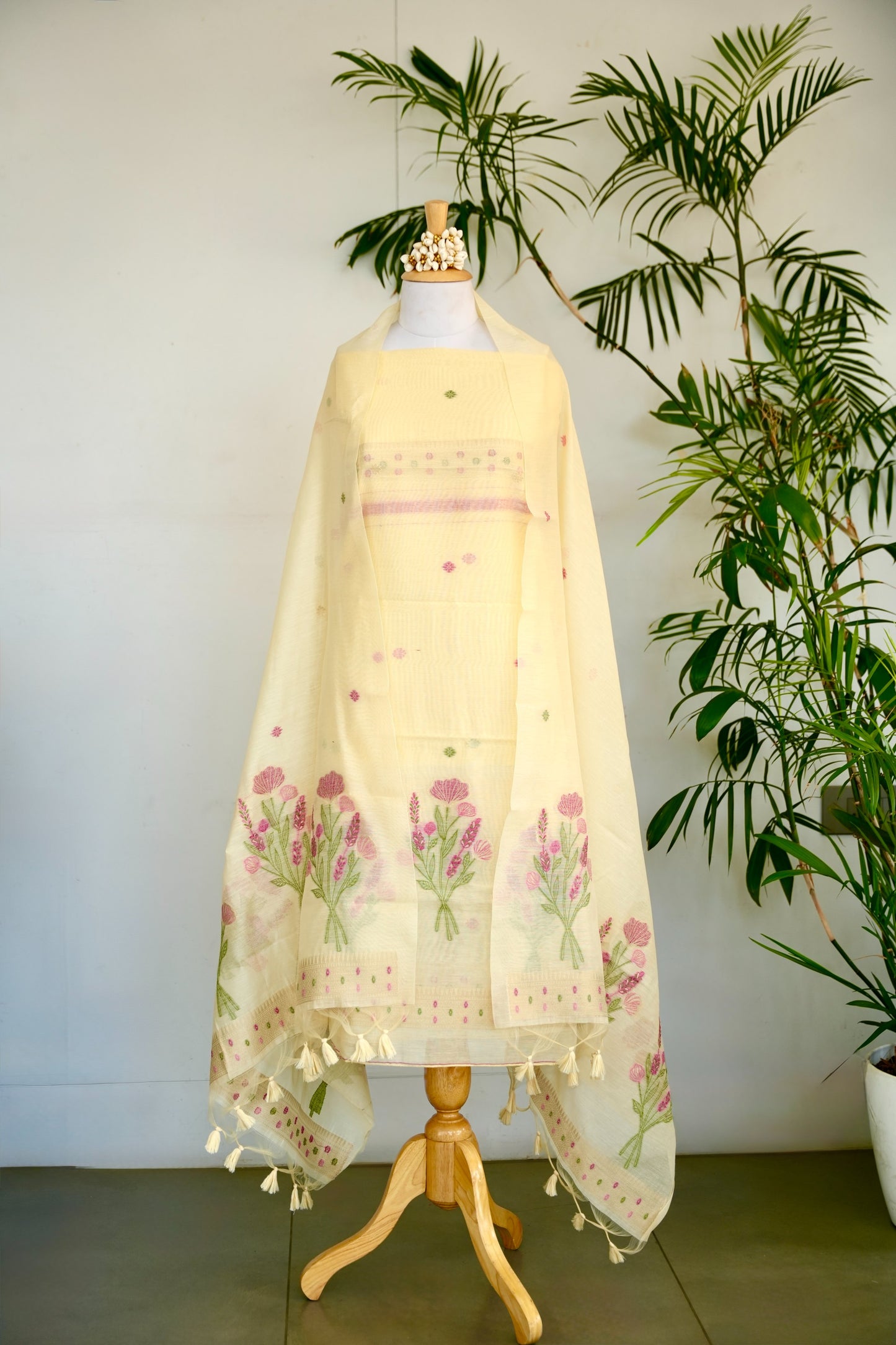 BASANTI– Pure Chanderi Slub Yellow Unstitched Suit Set