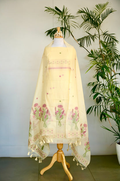 BASANTI– Pure Chanderi Slub Yellow Unstitched Suit Set