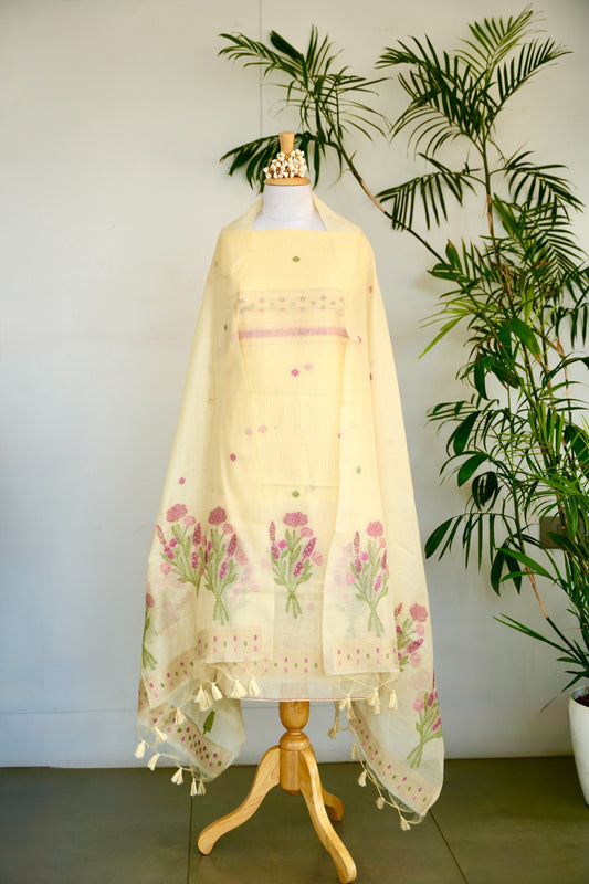 BASANTI– Pure Chanderi Slub Yellow Unstitched Suit Set