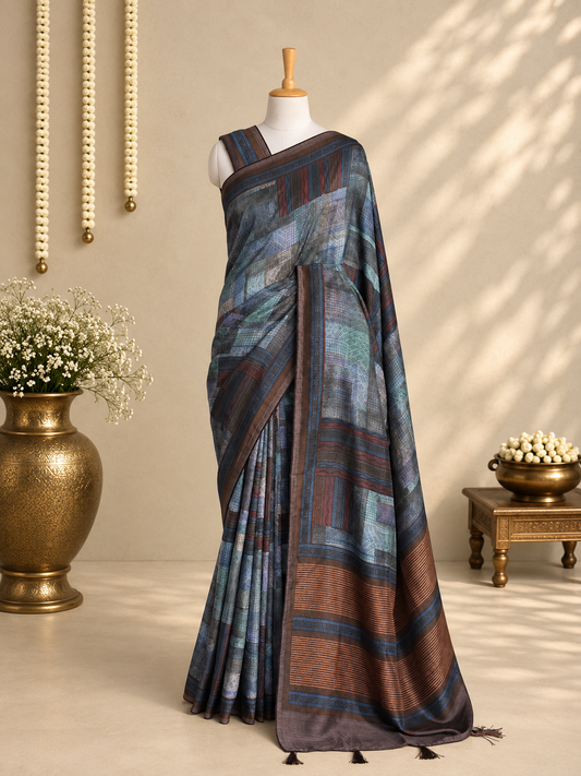 SAANJH – Charcoal Grey & Copper Printed Tussar Silk Saree