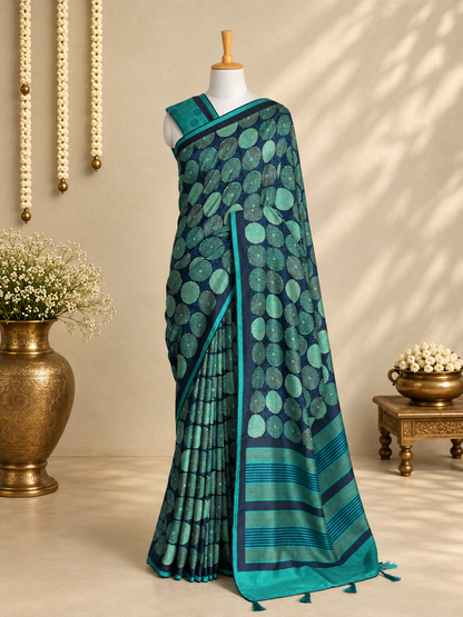 URJA– Teal & Navy Blue Printed Tussar Silk Saree