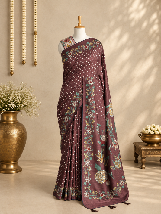 KASTURI – Plum Brown Floral Tussar Silk Saree