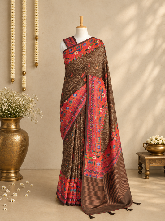 AABHA - Chocolate Brown & Rust Folk Art Tussar Silk Saree