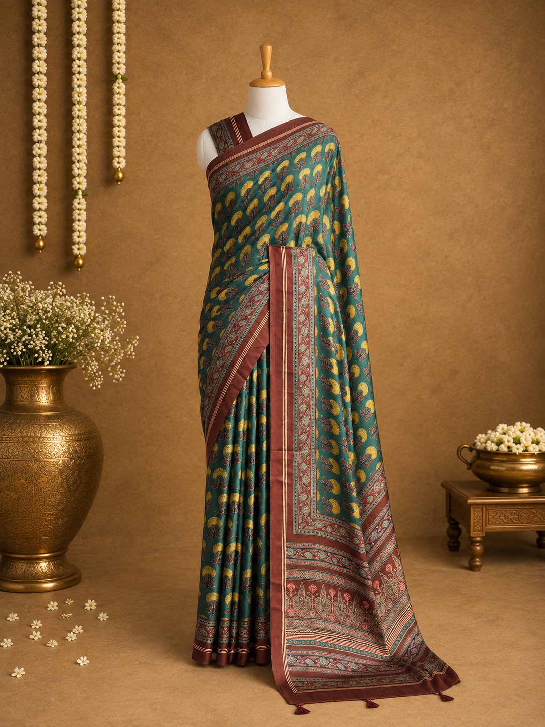 MEERA – Forest Green & Mustard Floral Modal Silk Saree