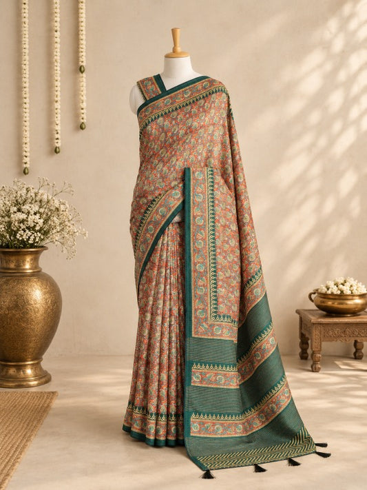 AAROHI – Coral & Teal Floral Kalamkari Tussar Silk Saree