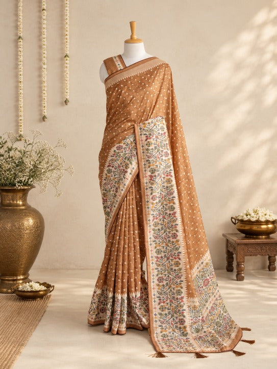 BHOOMI – Caramel Buti & Kalamkari Tussar Silk Saree