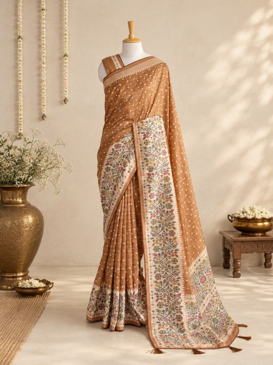 BHOOMI – Caramel Buti & Kalamkari Tussar Silk Saree