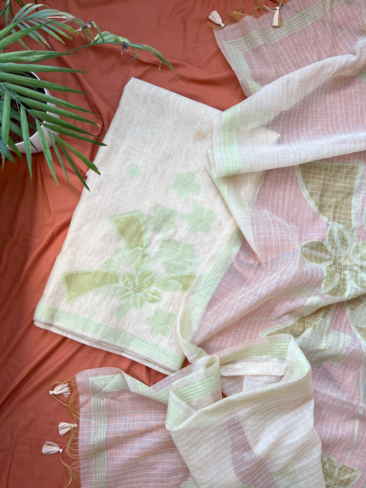 MINT BLOOM- Floral Weaving Monga Cotton Unstitched Suit Set