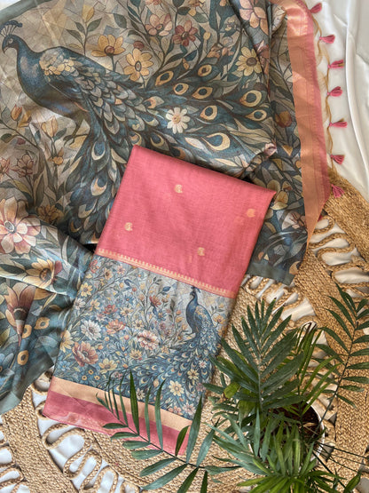 GULMOHAR - Floral Weaving Monga Cotton Unstitched Suit Set
