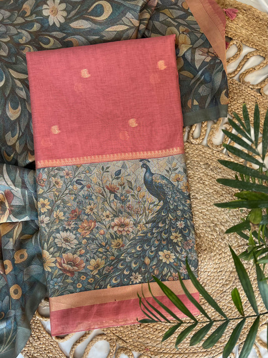 GULMOHAR - Floral Weaving Monga Cotton Unstitched Suit Set