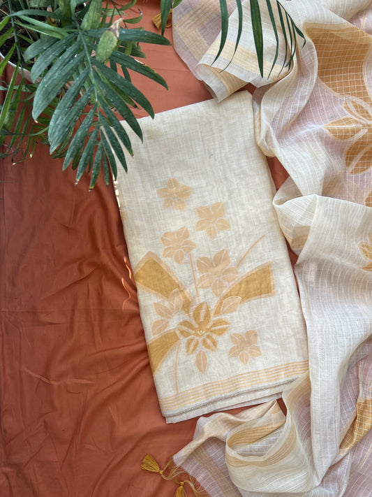 BUTTER BLOOM- Floral Weaving Monga Cotton Unstitched Suit Set