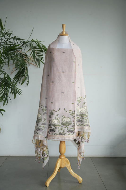 LILAC NOOR  - Pure Chanderi Slub Pichwai Unstitched Suit Set