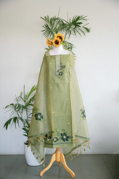 AAM PANNA - Pure Monga Cotton Green Floral Unstitched Suit Set