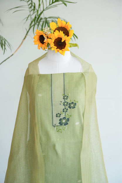 AAM PANNA - Pure Monga Cotton Green Floral Unstitched Suit Set