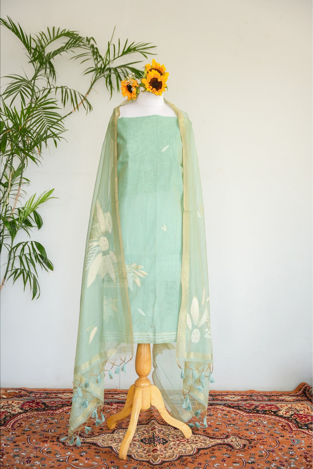 MINT MOJITO- Pure Mul Chanderi Mint Floral Unstiched Suit Set