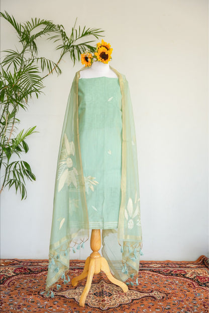 MINT MOJITO- Pure Mul Chanderi Mint Floral Unstiched Suit Set