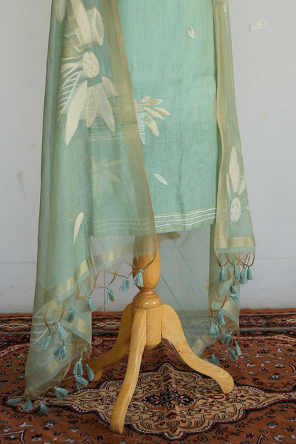 MINT MOJITO- Pure Mul Chanderi Mint Floral Unstiched Suit Set